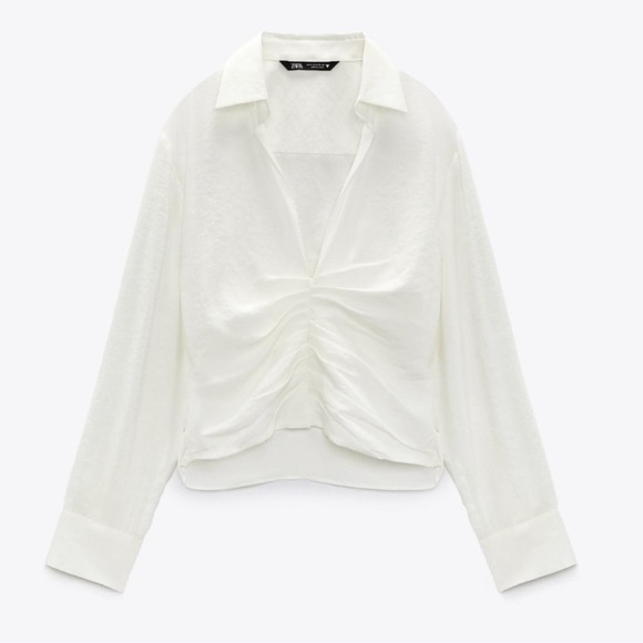 Zara EUC Ruched V-Neck White Blouse Top Size S Lightweight Collared Long Sleeve - Picture 7 of 12